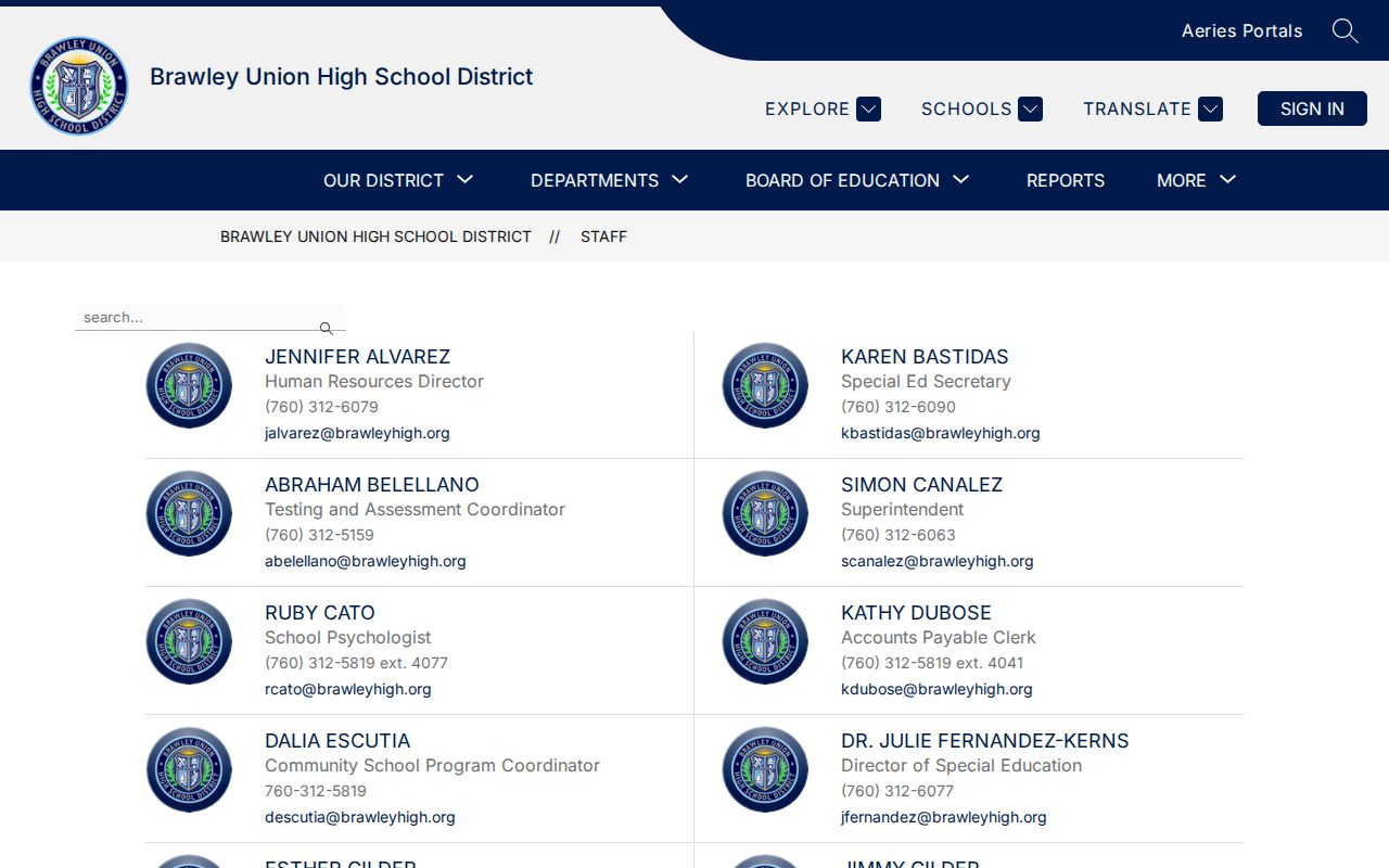 Brawley people directories screenshot of the Brawley Union High School District staff directory