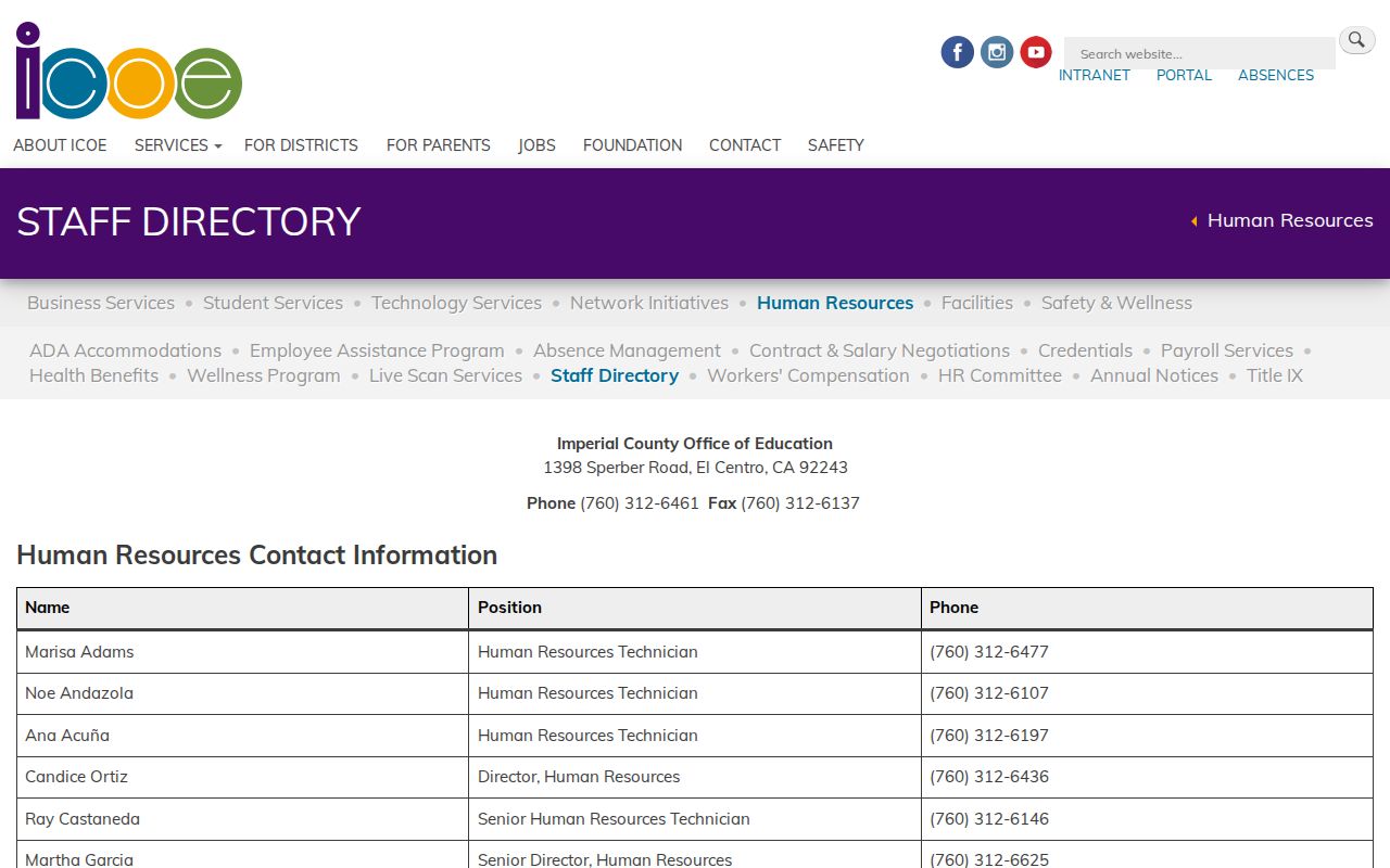 Brawley people directories screenshot of the Imperial County Office of Education staff directory