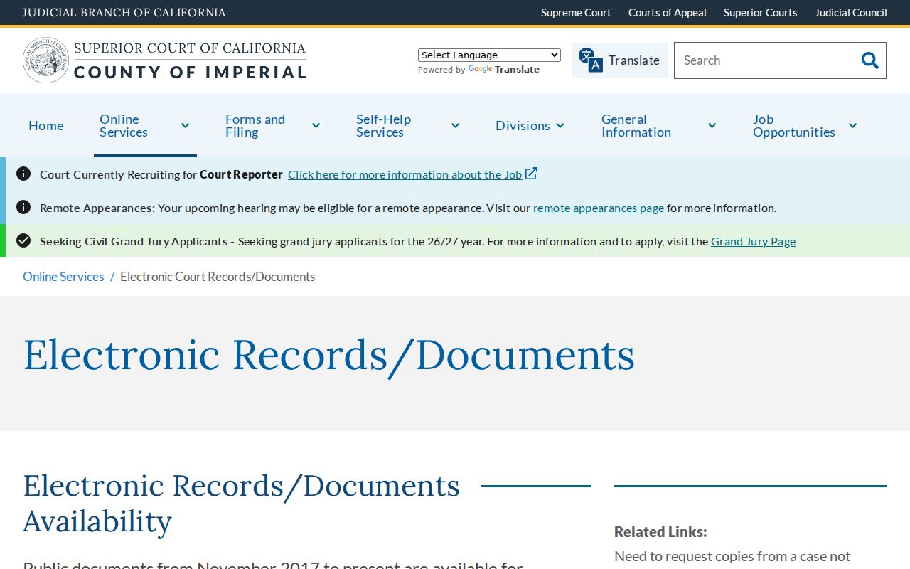 Brawley public records Imperial Superior Court electronic documents