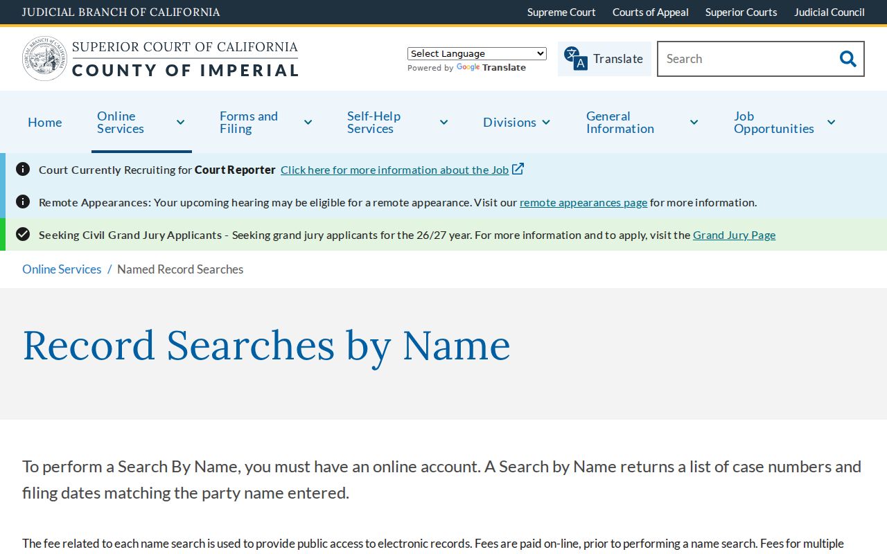Brawley public records Imperial Superior Court name record searches