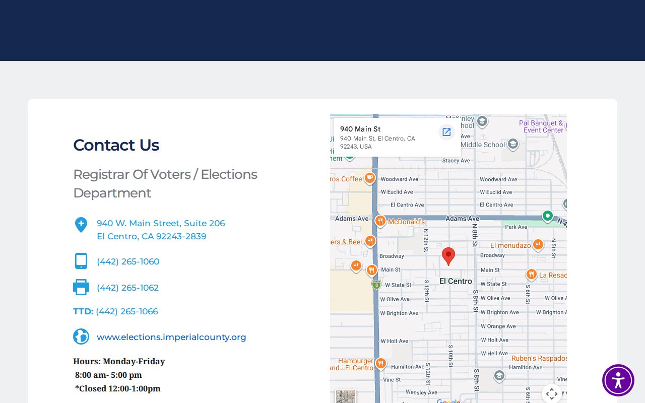 Brawley voter registration records on the Imperial County elections contact page