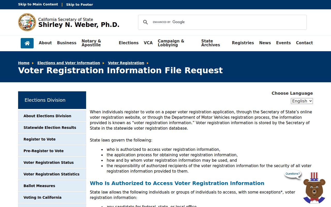 Brawley voter registration records on the California voter file request page